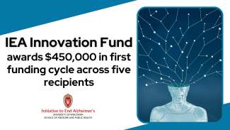 On the left is the headline, "IEA Innovation Fund awards $450,000 in first funding cycle across five recipients". Next to this headline is a drawing of a head with interconnected lines and nodes coming from it against a dark background, like stars in the sky.