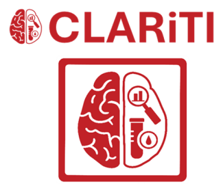 A logo for the CLARiTI study, including the study name and a brain with a magnifying glass and test tube inside