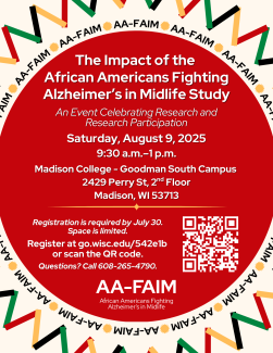 An image of the flyer for The Impact of African Americans Fighting Alzheimer's in Midlife Study event in August 2025