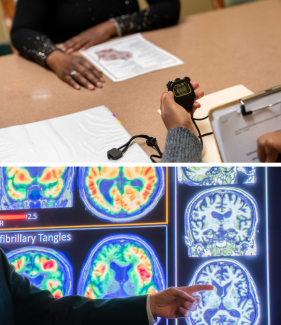 Upper image of a person going through cognitive testing. Lower image of a person assessing brain scans.