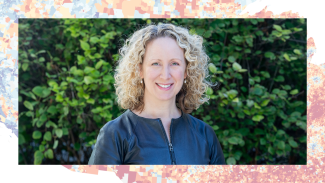 Portrait of Dr. Amy Kind outdoors, framed by a colorful neighborhood map graphic representing The Neighborhoods Study.
