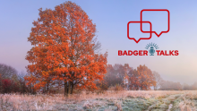 Seasonal fall scene of a grassy field and several trees turning color, two speech bubbles above the Badger Talks logo
