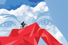 Illustrated scene of a cyclist riding along angular red mountain peaks, with large stylized eyes formed from clouds in the sky behind the mountains.